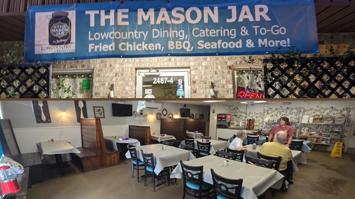 Bright interior with family-style restaurant seating.