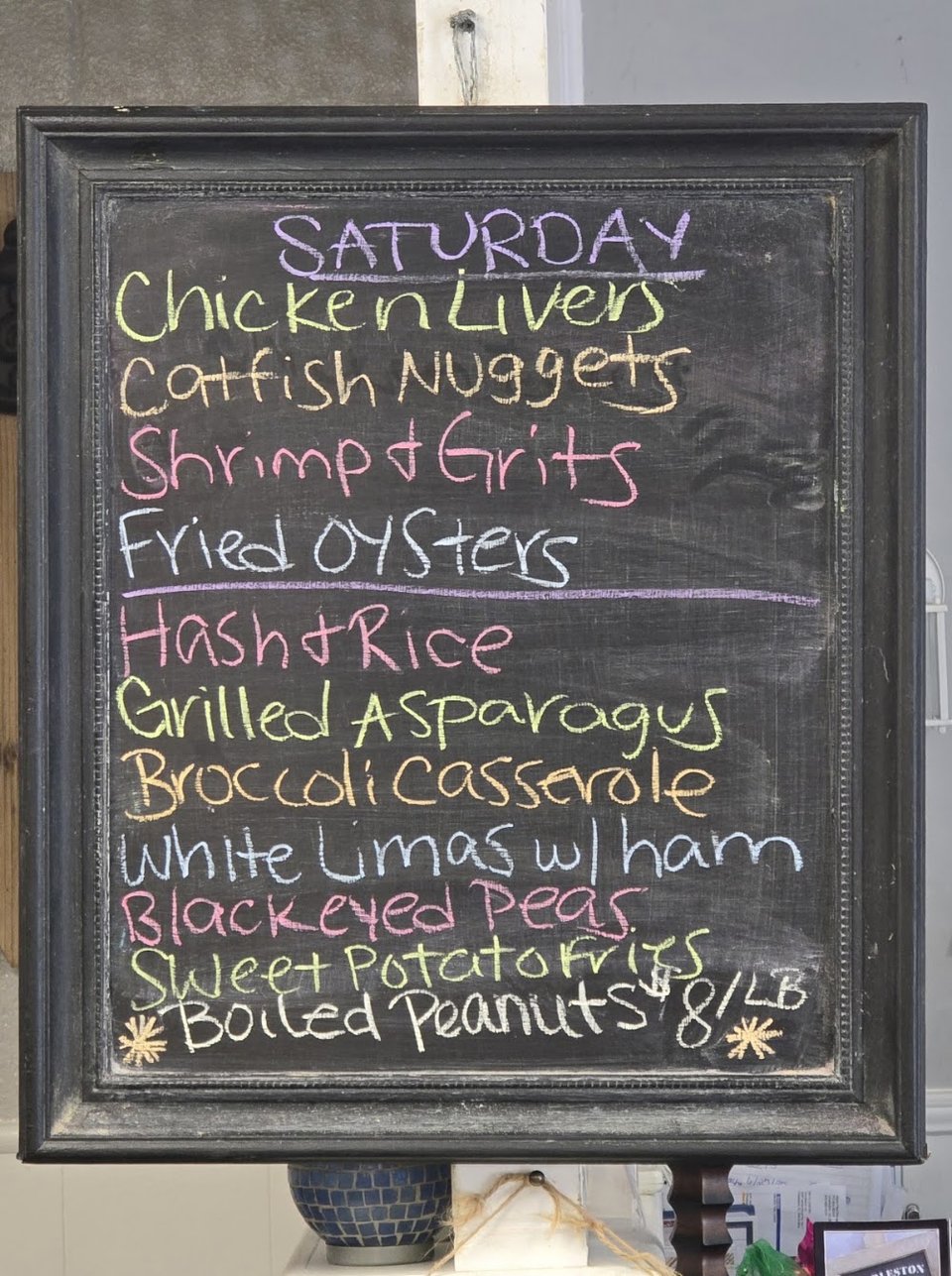 Printed menu showing fried fish and shrimp dishes.