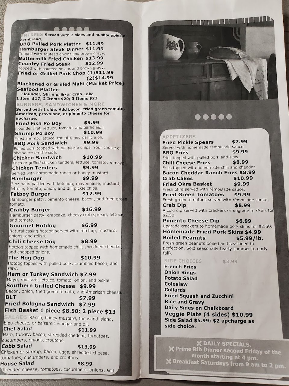 Appetizers and entrees listed on a simple menu.